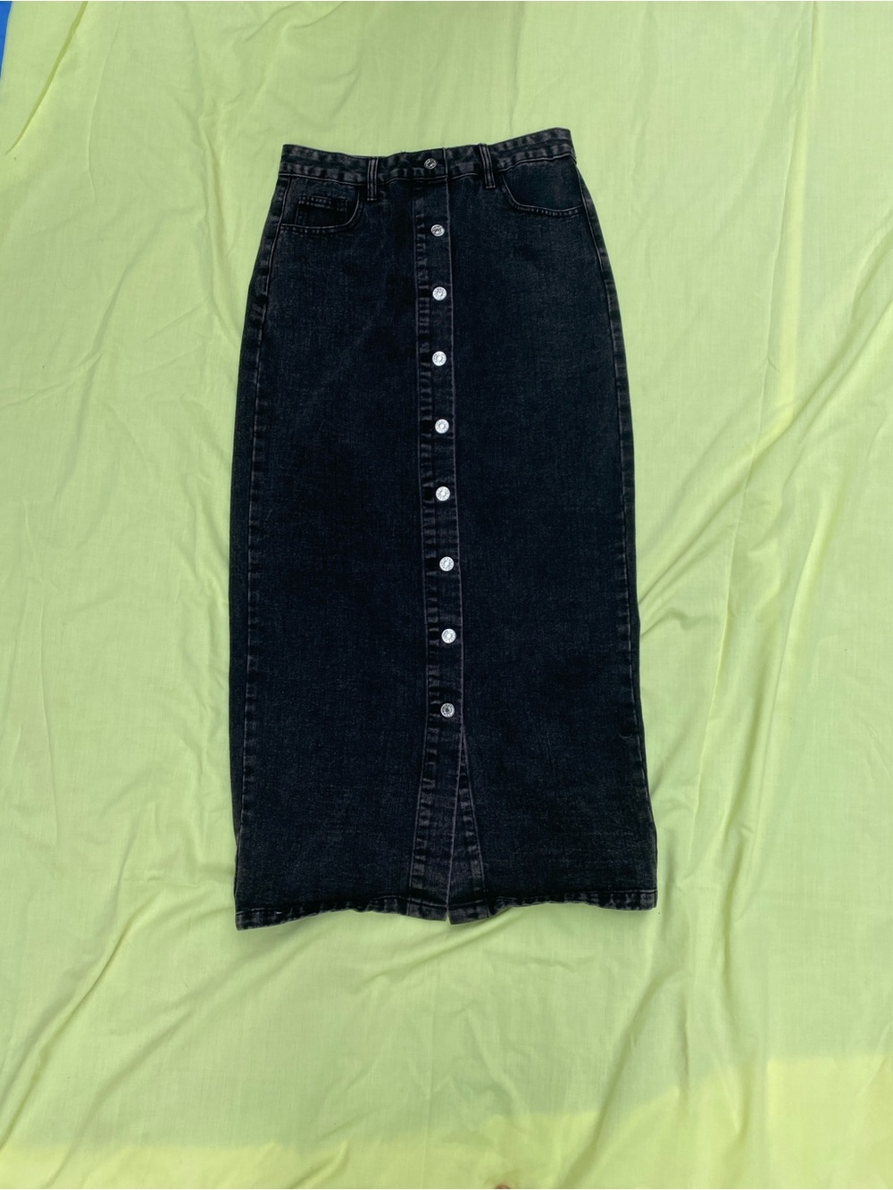 Black Button-Front Denim Midi Skirt